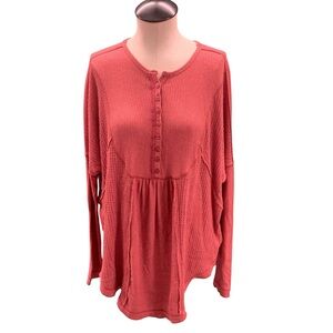 FREE PEOPLE Oversized Waffle Knit Henley Coral Boho Top Size S